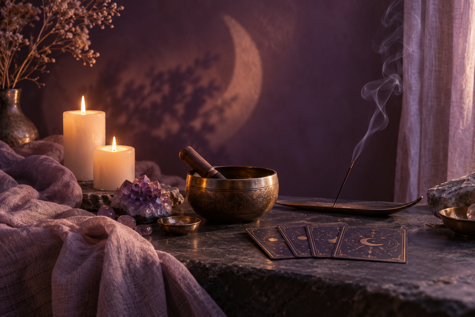 Une ambiance violette et dorée, avec une améthyste, des bougies, un bol et des cartes symboliques
