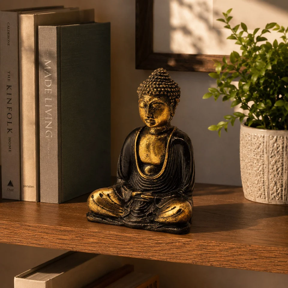 Bouddha noir et doré sur une étagère en bois, avec des livres et une plante